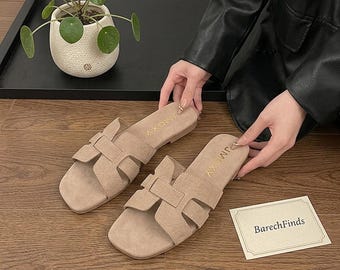 Damsandaler i mocka med öppen tå, platta tofflor, koreanska avslappnade sandaler