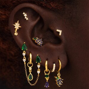 Pendientes de aro con motivos frutales, pendientes de borla con forma de estrella y conjunto de pendientes de lágrima de esmeralda: pendientes apilables para múltiples perforaciones: un regalo para ella.
