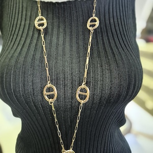 Sautoir maille marine doré femme, collier long maille marine couleur or, bijou chaîne dorée-92+5cm