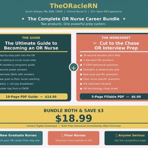 May include: A digital bundle for OR nurses, featuring a guide and worksheet. The guide covers topics like OR roles and interview Q&As. The worksheet focuses on interview prep, including questions and a cheat sheet. The bundle is available for instant download.