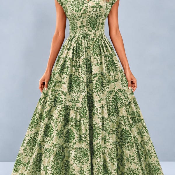 Women Floral Maxi Dress | Summer Beach Dress |  Flowy High Waist Vacation Dress | Printed Bohemian Dress | Garden Party Outfit