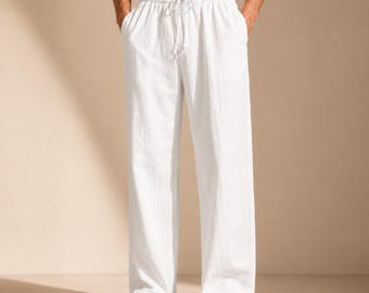 Men Cotton Linen pants | Drawstring Pants | Casual Wide Leg Trousers | Summer Relaxed Fit Beach Pants | Breathable vacation outfit
