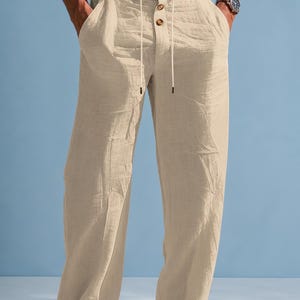 Men Cotton Linen Pants | Summer Relaxed Fit Beach Pants, Casual Wide Leg Trousers, Drawstring Pants | Breathable vacation outfit