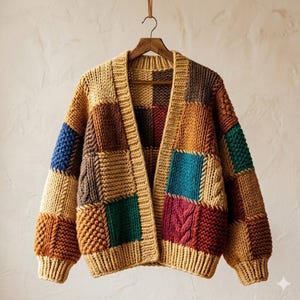 May include: A multi-coloured patchwork cardigan, featuring shades of tan, brown, blue, green, and red. The chunky knit sweater is displayed on a wooden hanger.