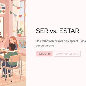 Puede incluir: Ilustración de una escena de aula con estudiantes y una pizarra. La pizarra tiene frases en español. Se muestra el texto "SER vs. ESTAR", junto con texto en español. La imagen tiene una paleta de colores suaves y pastel.