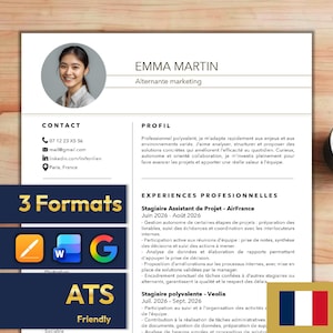 Peut inclure: Un modèle de CV avec une photo d'Emma Martin, souriante, et le titre "Alternante marketing". Le CV comprend les coordonnées, un profil et l'expérience professionnelle. Une tasse de café est à droite. Les mots "3 Formats" et "ATS Friendly" sont visibles.