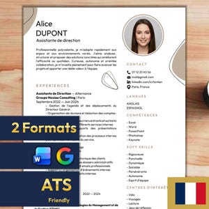 May include: A resume template with the name "Alice DUPONT" and the title "Assistante de direction". The resume includes contact information, skills, and experience. A cup of coffee sits on the right. The French flag is at the bottom.