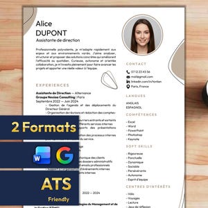 May include: A professional resume template featuring a white background with beige abstract shapes, a circular headshot, and structured sections for contact, experience, skills, and interests. The document includes text in French and displays 2 Formats and ATS Friendly labels.
