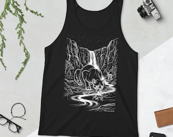 Panther am Wasserfall Tank Top – White Ink Wildlife – Herren Bella Canvas – HEvertonArt Original