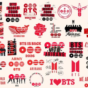 Op de afbeelding: Een verzameling rode en zwarte BTS-thema graphics en logo's. Bevat tekst zoals "BTS World Tour", "Arirang" en namen van leden. Het ontwerp bevat verschillende cirkelvormige en rechthoekige elementen.