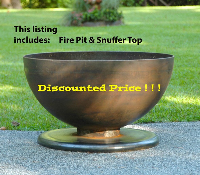 May include: A large, round, metal fire pit with a black base. The fire pit is sitting on a gray surface. The text "This listing includes: Fire Pit & Snuffer Top" is written above the fire pit. The text "Discounted Price!!" is written on the side of the fire pit.