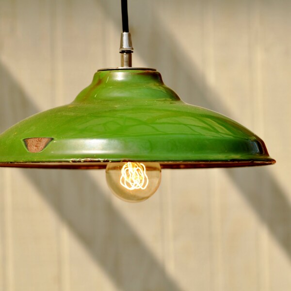 Hanging Industrial Light - Vintage Upcycled Green Industrial Pendant Lamp 001