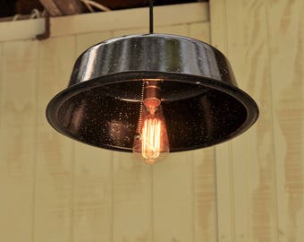Pendant Light Fixture, Vintage Black/White Enamelware Pan Hanging Light, Ceiling Canopy Kit, Kitchen Light, Recycled Light, Vintage Light