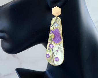 Oblong Paper Dangle Earrings. Purple, Yellow, Gold with flower design.