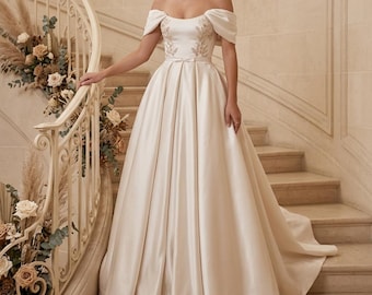 Vestido de novia de corte A con hombros descubiertos, encaje y satén, elegante vestido de novia con cola de lentejuelas y cuentas.