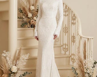 Vestido de novia de sirena con encaje y cuentas, cuello alto y manga larga, elegante vestido de novia blanco clásico