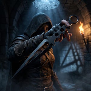 Könnte beinhalten: Ein dunkler, stilisierter Dolch mit Ringgriff und doppelschneidiger Klinge. Der Dolch wird von einer Person in einem Kapuzenmantel in einem schwach beleuchteten Steinkorridor gehalten. Im Hintergrund brennt eine Fackel und wirft Schatten.