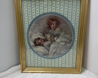 Children in a Bed old Color Print Dallas Wood Craft 1st Printing 1982 15x13