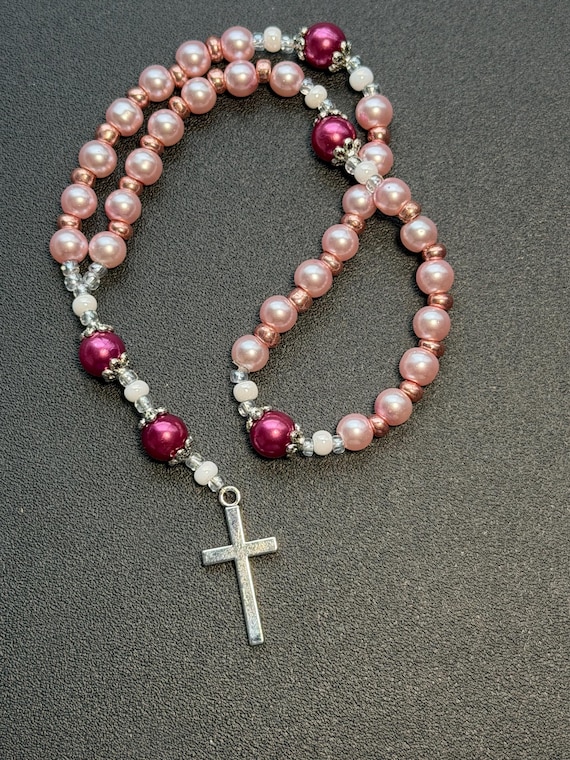 Handmade Anglican Prayer Beads, Feminine Pink Rosary with Rose Gold Accents and Silver Cross