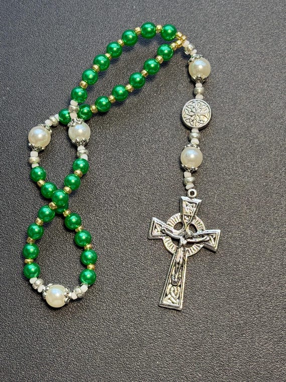 Green Celtic Rosary, Handmade Anglican Prayer Beads, Silver Cross, Devotional Gift, Ready to Gift