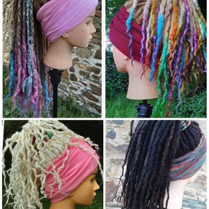 May include: Four different styles of dreadlocks with various colors and textures, each styled with a headband. The headbands are in pink, burgundy, and a colorful striped pattern.
