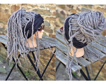 Ab sofort erhältlich 2 in 1 Pferdeschwanz Messy Bun Dread Perücke mit extra frontalen Dreads Dark Grey Festival