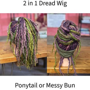 May include: A 2 in 1 dread wig featuring a blend of purple, green, and brown textured dreadlocks attached to an olive green headband. The wig is displayed in two styles: a high ponytail on the left and a messy bun on the right, with the text 2 in 1 Dread Wig and Ponytail or Messy Bun.