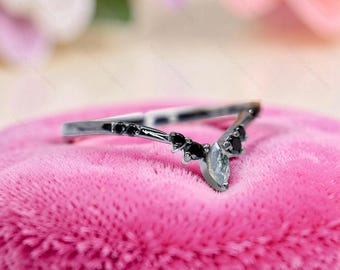 Marquise Moss Agate And Black Onyx Minimalist Stackable V-Band with Sparkling Accents