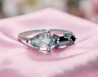 Natural Moss Agate And Black Onyx Pear Ring 2 Gemstones Ring