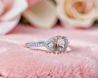 Lab Created Morganite Oval Ring, Moissanite Cluster, 925 Sterling Silver, Vintage Halo Design
