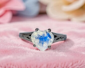 Blue Fire Rainbow Moonstone Heart Ring, 925 Sterling Silver Filigree Band