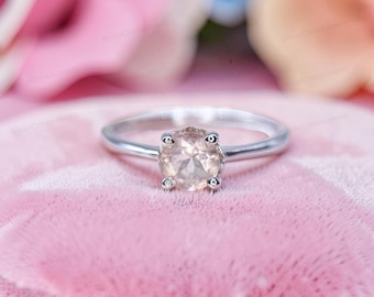 Lab Created Peach Morganite Ring – Round Cut Sterling Silver Band