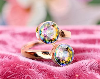 Rainbow Mystic Topaz Ring, Adjustable Bezels Setting Round Cut Ring