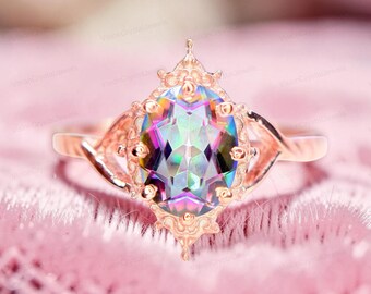 Oval Mystic Topaz Ring, Sterling Silver Twisted Band, Handmade Gemstone Jewelry