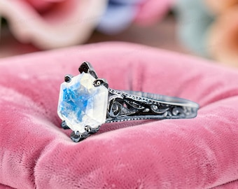 Natural Rainbow Moonstone Hexagon Filigree Engraving Ring