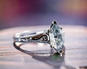 Filigree Moss Agate Ring Long Hexagon Engraved Band