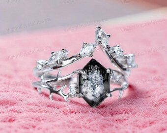 Hexagon Moss Agate Ring Set, Twig Branch Bridal Set, Marquise Moissanite Wedding Band