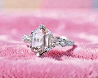 Hexagon Peach Morganite Engagement Ring, Sterling Silver Band, Lab Created Gemstone