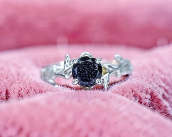 Lab Grown Blue Sandstone Ring: Sterling Silver Leaf Twig Nature Inspired (6x6mm)