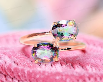 Oval Mystic Topaz Rose Gold Ring, Sterling Silver, Two Stone Rainbow Ring