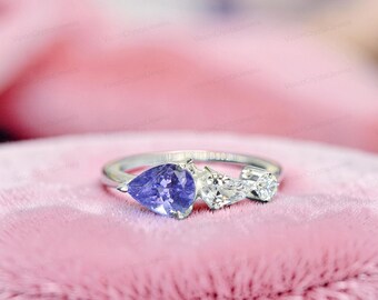 Natural Tanzanite Ring, 3 Gemstones Ring, Pear And Round Moissanite Band