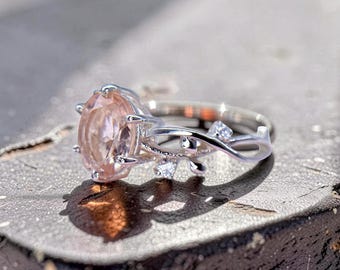 Handmade Leaf Morganite Ring, Oval Lab Created Gemstone, 925 Sterling Silver Band