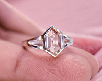 Hexagon Morganite Ring, Lab Created Sterling Silver Statement Engagement Ring