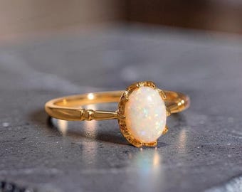 Opal Engagement Ring, Oval Cabochon Band, Promise Ring