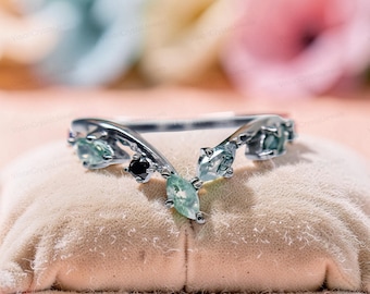 Marquise Moss Agate Leaf Ring, Sterling Silver Cluster Engagement Ring, Nature Fairycore Jewelry