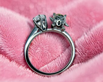 Gothic Gengar Pokemon Ring, Oval Rainbow Moonstone Ring, 925 Sterling Silver