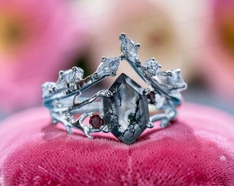 Hexagon Moss Agate Ring, Sterling Silver, Garnet Accent, Nature Inspired Jewelry