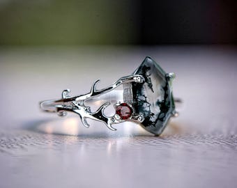 Long Hexagon Moss Agate Garnet Ring, 925 Sterling Silver Nature Inspired Branches Leaf Twig