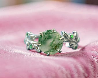 Natural Moss Agate Leaf Ring, Sterling Silver, Simulated Emerald Accents