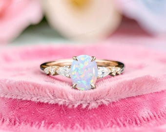 Opal Anniversary Ring: 14k Gold Dainty Moissanite Minimalist Promise Ring October Birthstone Gift